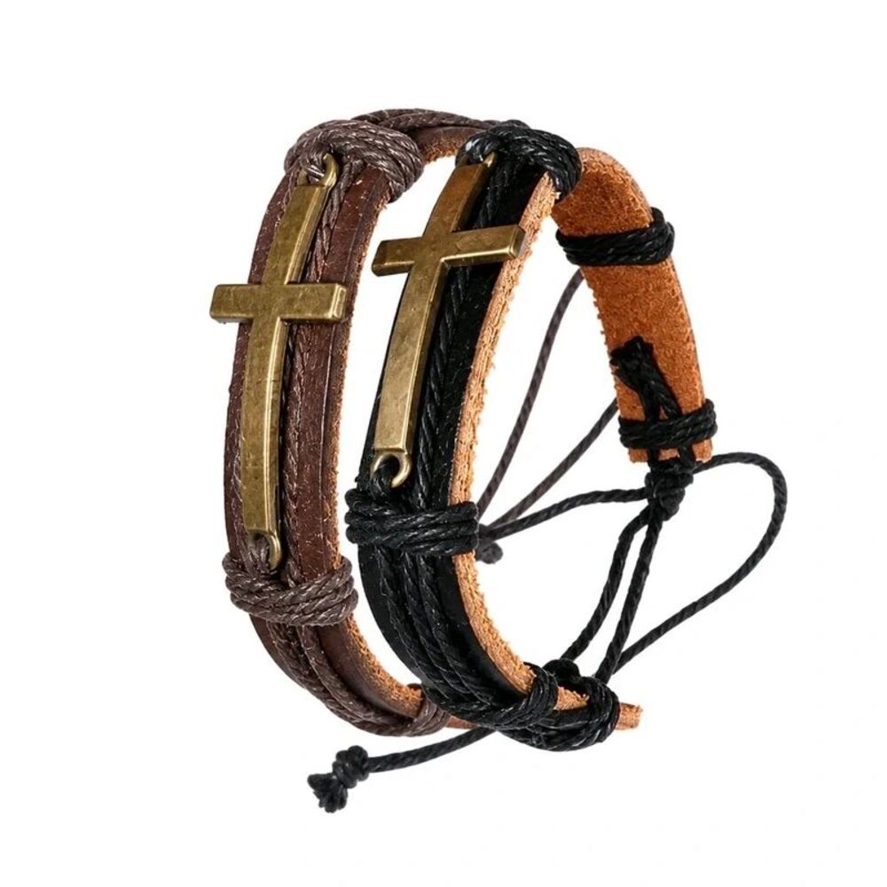 Unisex Rustic Layered Leather Cross Bracelet Set